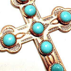 3" Tall BELL TRADING POST Navajo Cross Pendant Necklace REAL Turquoise Native